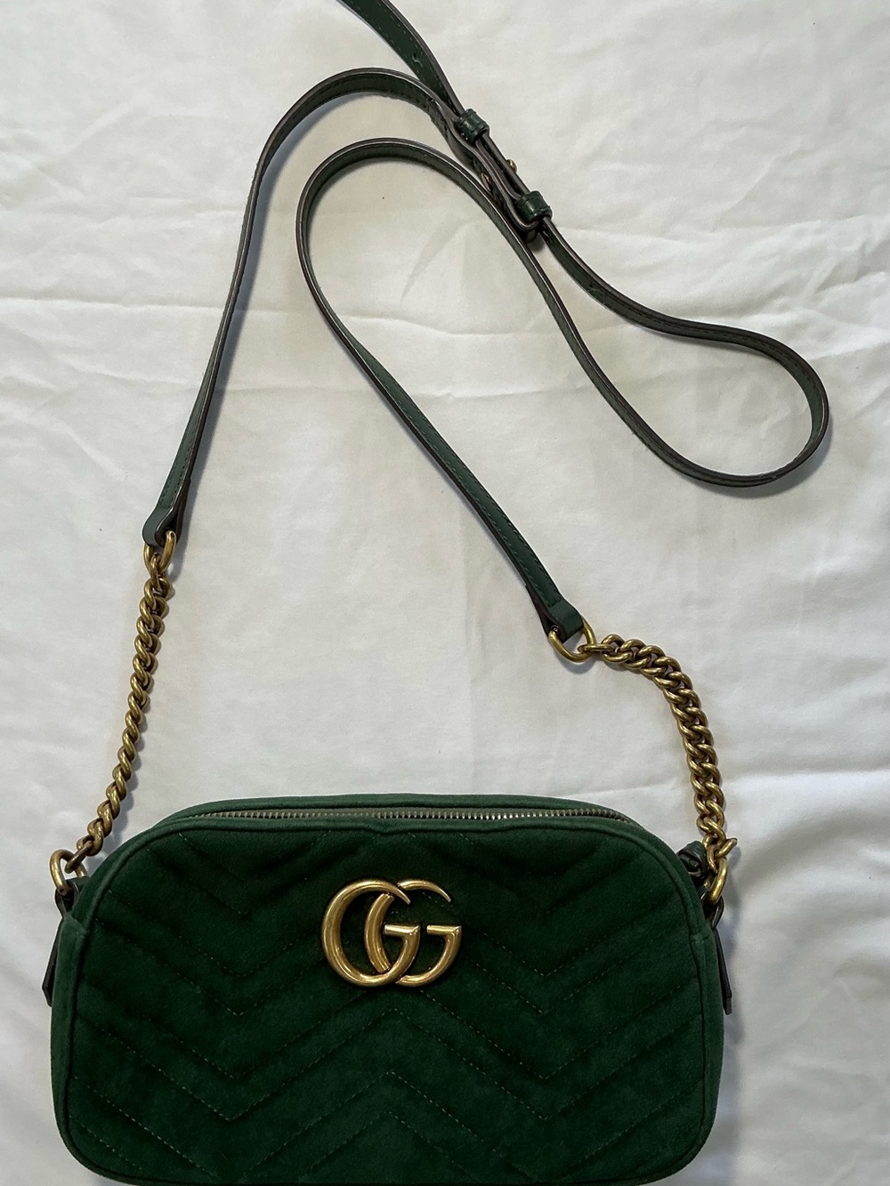 Gucci Green Velvet GG Marmont Crossbody Bag with Gold Hardware